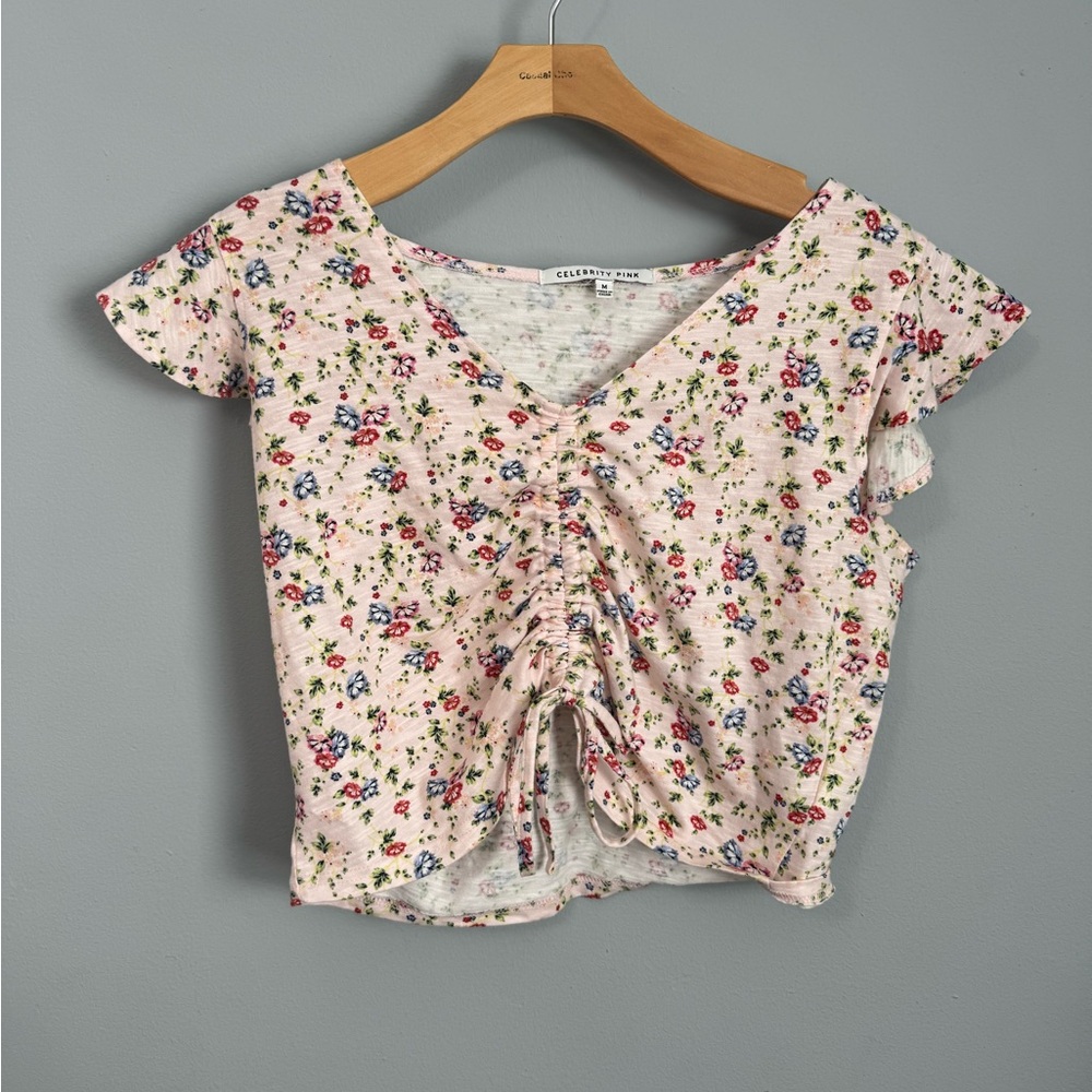 Celebrity pink cotton floral tee with string for ruching in middle size medium